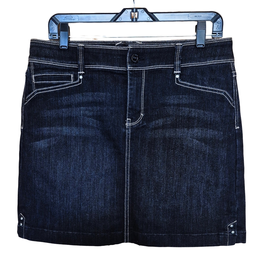White House Black Market Dark Wash Denim Skirt | Rhinestone Pockets | Size 8